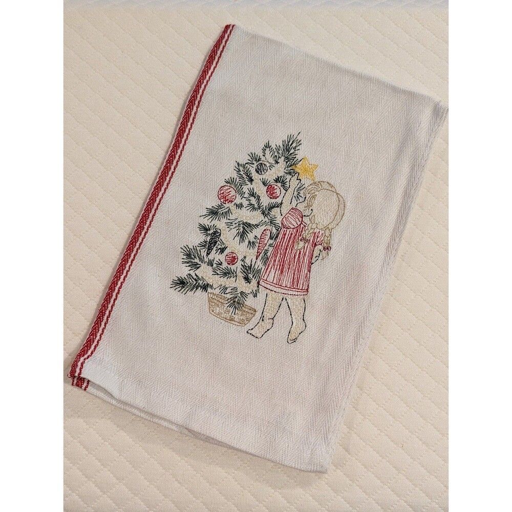 Embroidered kitchen towels little girl putting star on Christmas tree